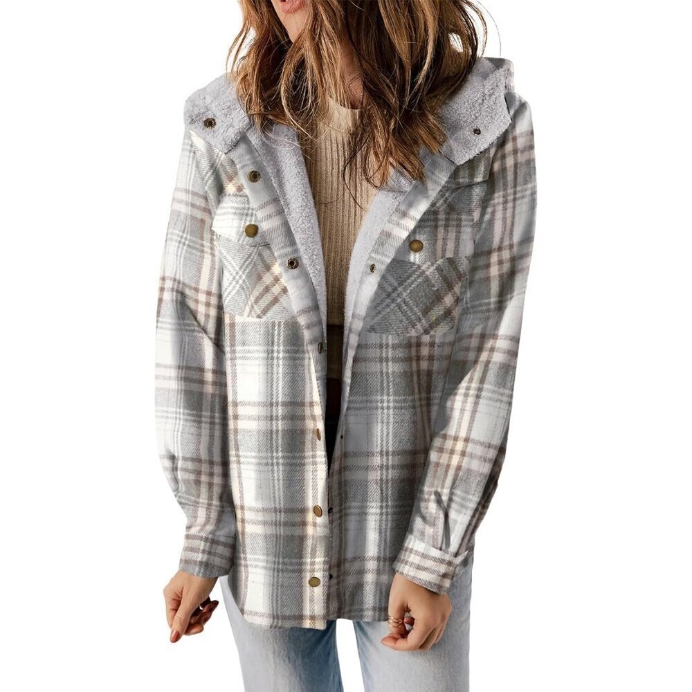 Womens Plaid Shacket Jacket Long Sleeve Button Down Fleece Hooded Jackets Warm C